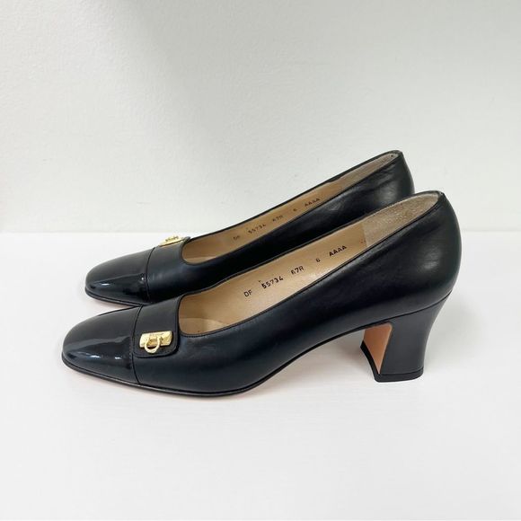 Salvatore Ferragamo Black Leather Chunky Heels 6 AAAA Patent - Picture 3 of 7